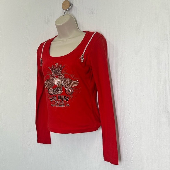 Biker Design - 2010 Bike Week Daytona Beach Florida Red Zipper Long Sleeve Top S - Picture 5 of 10